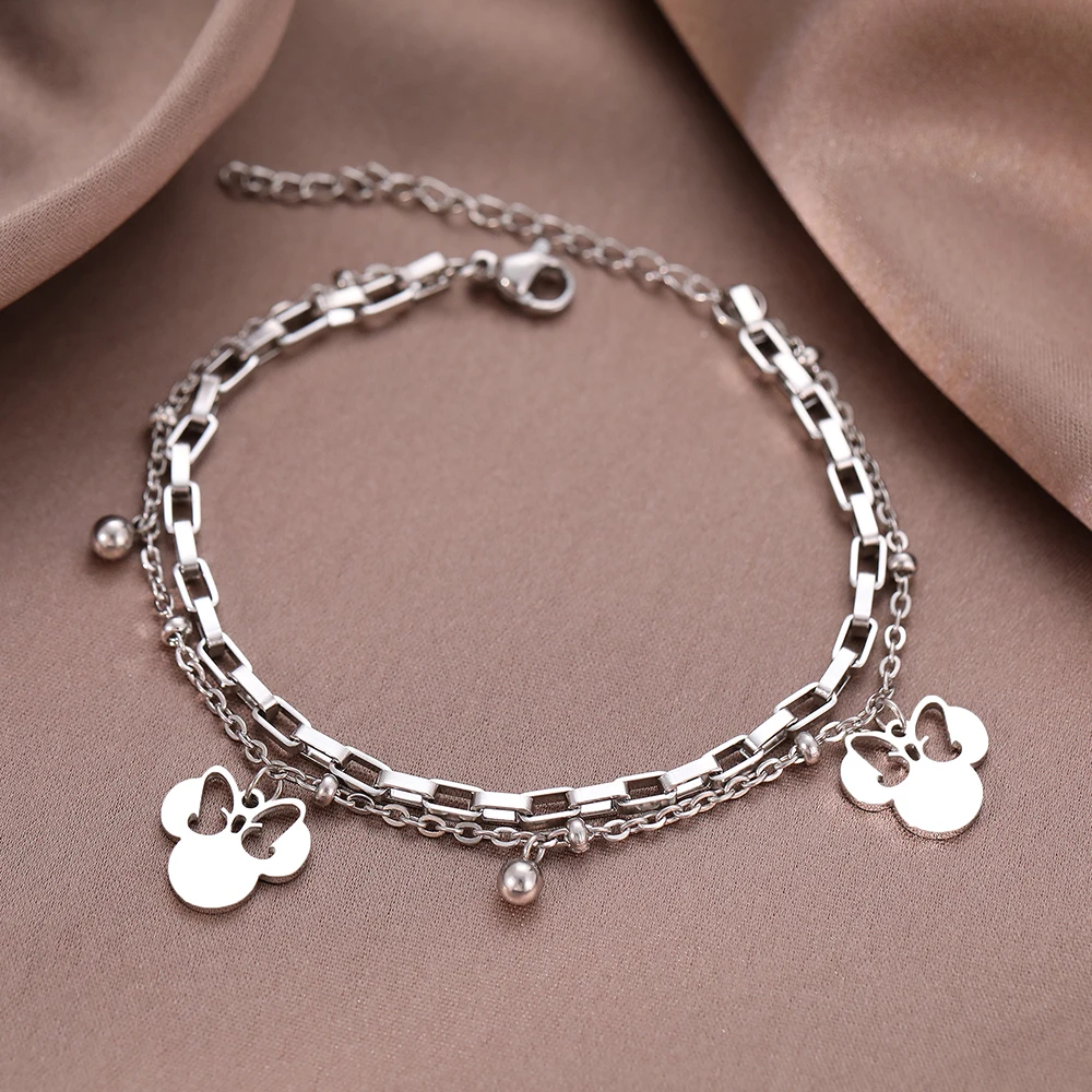 Stainless Steel Bracelets Chain Bracelet Stainless Steel Jewelry Stainless Steel Bracelets Cute Cartoon Anime Bow Mouse Pendant Bells Beads Layer Chain Bracelet For Women Jewelry Party Gifts