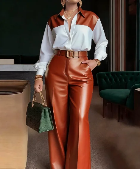 Ensemble deux pièces pour femme, Nouvelle collection Printemps 2026, Style professionnel élégant : Chemise à manches longues à col rabattu et pantalon large en cuir 1