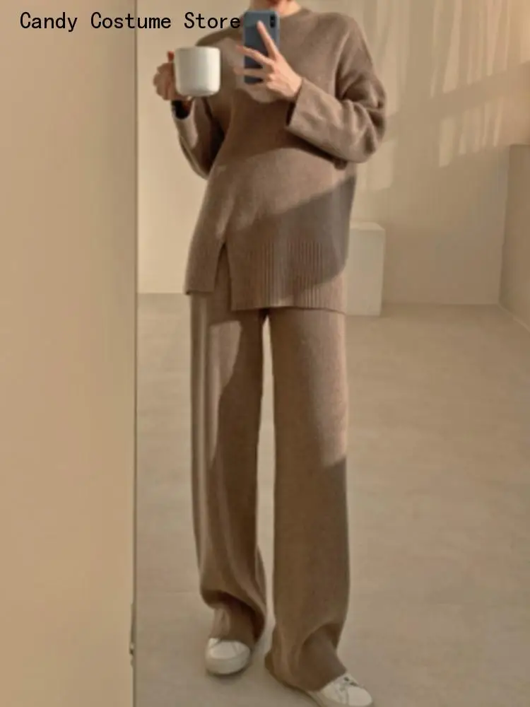 Women Knitted Tracksuit Casual Sweater Tops + Wide-Leg Straight Pants 2 Pieces Set Suit Solid Femme Fashion Ribbed Outwear Cloth