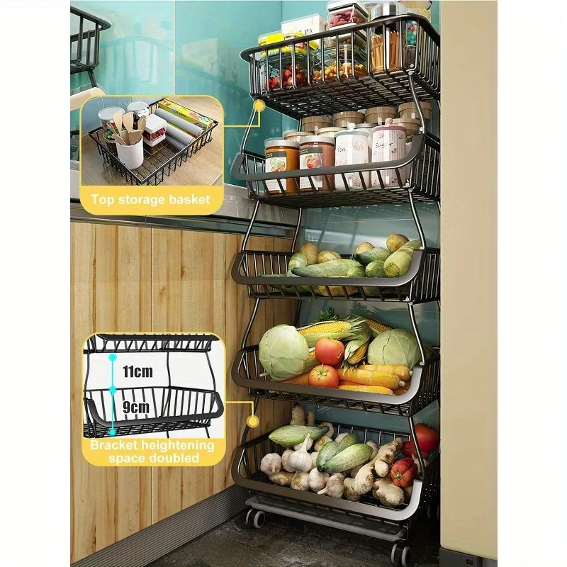 Fruit Vegetable Storage Basket 5 Tier Stackable Fruit Storage Rolling Cart Metal Wire Vegetable Baskets Bins Rack with W 3