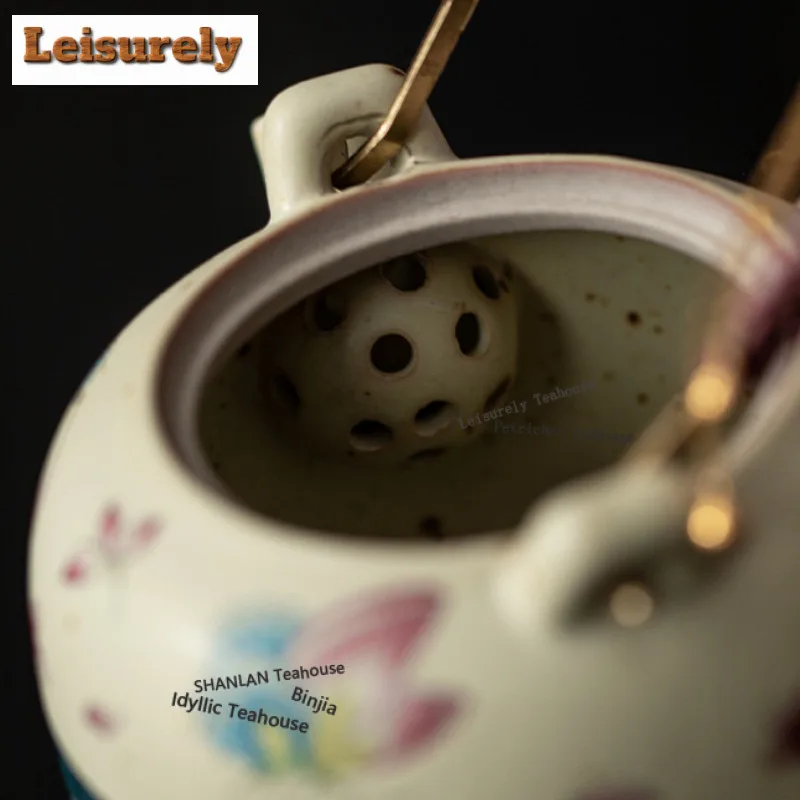 220ML Hand Painted Butterfly Lily Caramel Lifting Handle Teapot Zen Tea Infuser Pot Tea Soaking Kettle With Ball Hole Drinkware