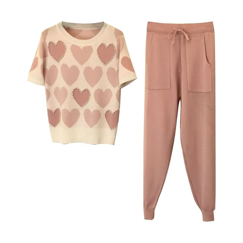Fashion Set Women's Spring/Summer Age Reducing Temperament Knitted Short Sleeve Top Casual Pants Two Piece Set