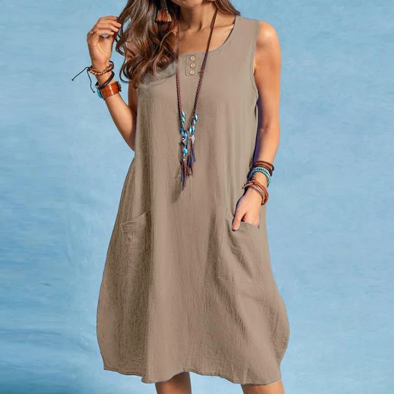 

Summer Women's Sleeveless Dress Solid Color Cotton and Linen Pocket Casual Loose Pullover Dress Holiday Seaside Beach Sundress