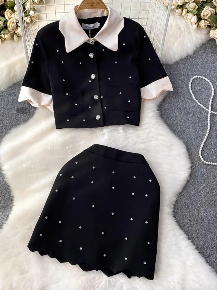 

Runway Luxury Diamonds Women's Work Wear Outfit Korean Fashion OL Jacket Coat Top + High Waist Skirt Two Piece Set Suit