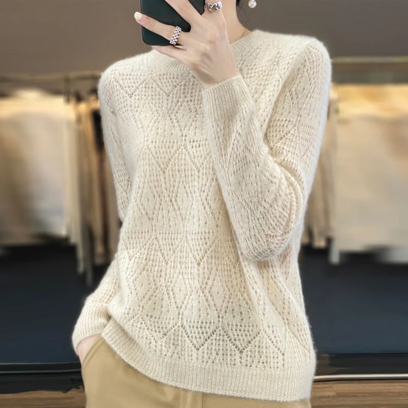 Women 100% Pure Merino Wool Sweater Round Collar Diamond Square Hollow Pullover Spring Autumn Basis Casual Warm Knitting Top 4