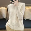 Women 100% Pure Merino Wool Sweater Round Collar Diamond Square Hollow Pullover Spring Autumn Basis Casual Warm Knitting Top 4