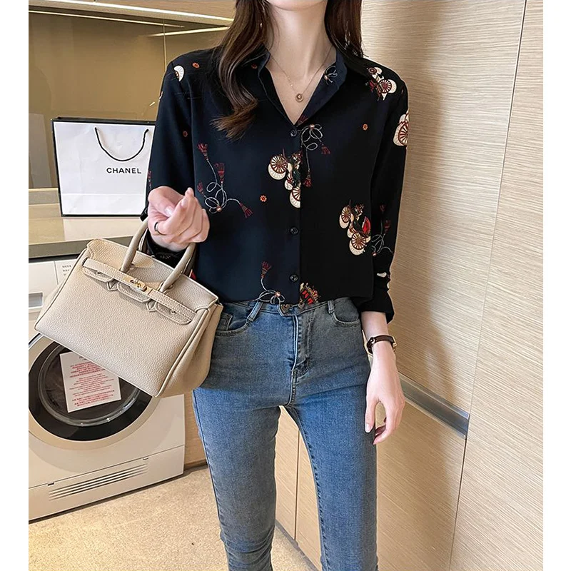 Summer Fashion Polo-neck Printing Long Sleeve Shirt Female Loose Casual All-match Cardigan Top Women Elegant Oversized Blouse