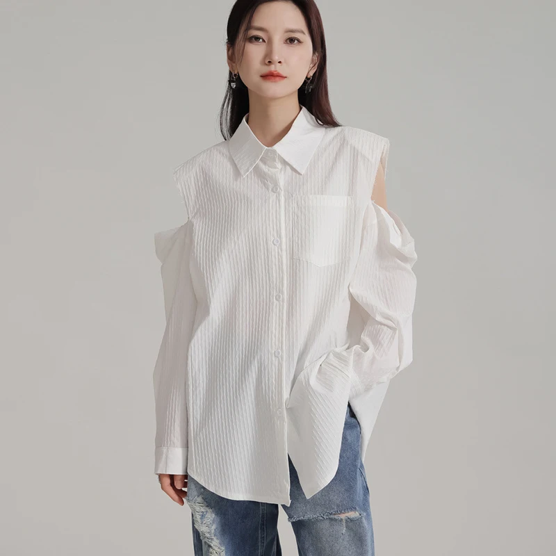 

Johnature Summer Simple Loose Solid Color Shirts Lazy Style 2024 New Lapel Casual French Off-shoulder Fashion Women Tops Blouses