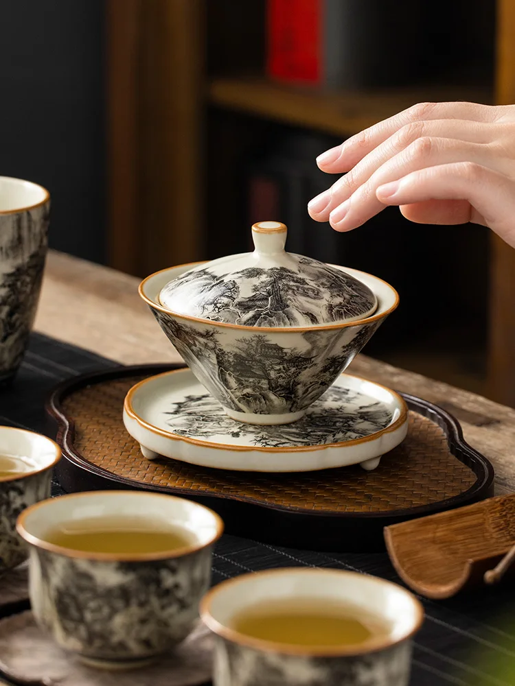 130ML Ru Kiln Landscape Porcelain Gaiwan Set For Tea Tureen Teaware Cup Chinese Yellow Ceramic Opening Tea Bowls Ceremony