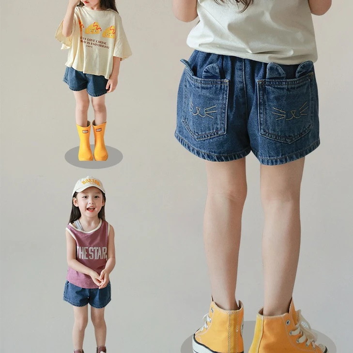 

Brief Style Denim Blue Toddler Girls Denim Shorts Kids Summer Casual Short Pants Children Elastic Waist Trousers for 4-14T