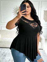 Women’s Plus Size Lace Panel Tunic Top,Short Sleeve Asymmetric Hem Flowy Blouse for Casual, Work, or Date Night Outfits