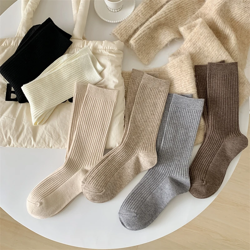 Retro Women Socks Japanese Style Autumn Solid Color Warm Home Simple Crew Socks Girls Breathable Casual Striped Loose