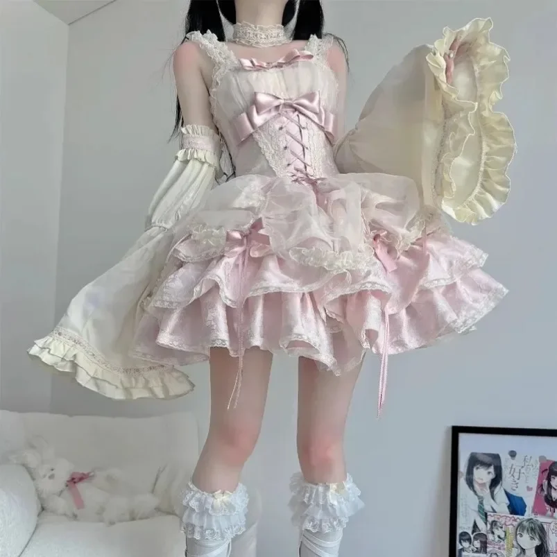 Harajuku Japanese Sweet Cute Lolita Jsk Dress Women Gothic Y2k Bow Lace Ruffles Evening Party Mini Dresses Kawaii Black Vestidos