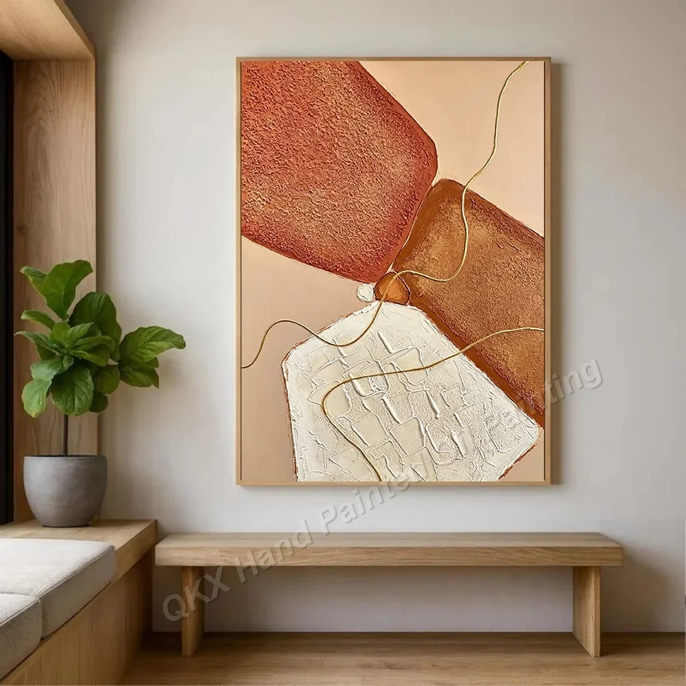 Dipinto a Olio su Tela Fatto a Mano, Decorazione Murale per Soggiorno, Arte su Tela Geometrica Wabi-Sabi con Linee Dorate Verticali in Impasto - immagine 2