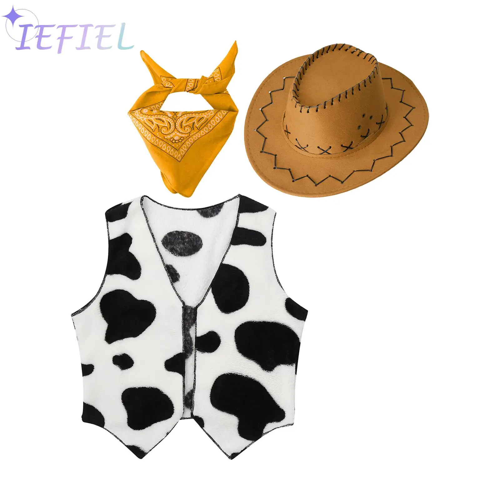 

Halloween Cosplay Dress Up Unisex Kids Western Cowboy Cowgirl Costume Set Open Front Printed Waistcoat with Hat and Bandana