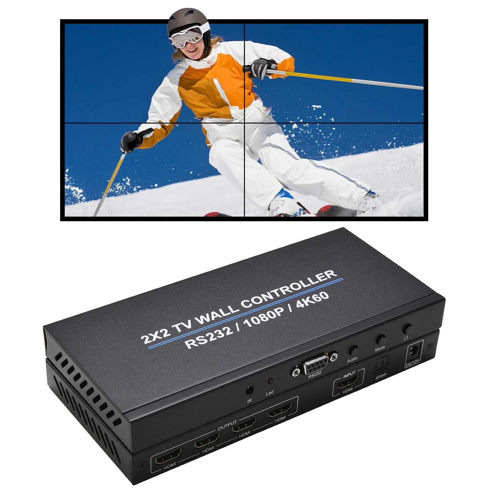 Yinker 2x2 4K Video Wall Controller - 1 HDMI Input To 4 Outputs, Supports Multiple Layouts, 4K@30Hz