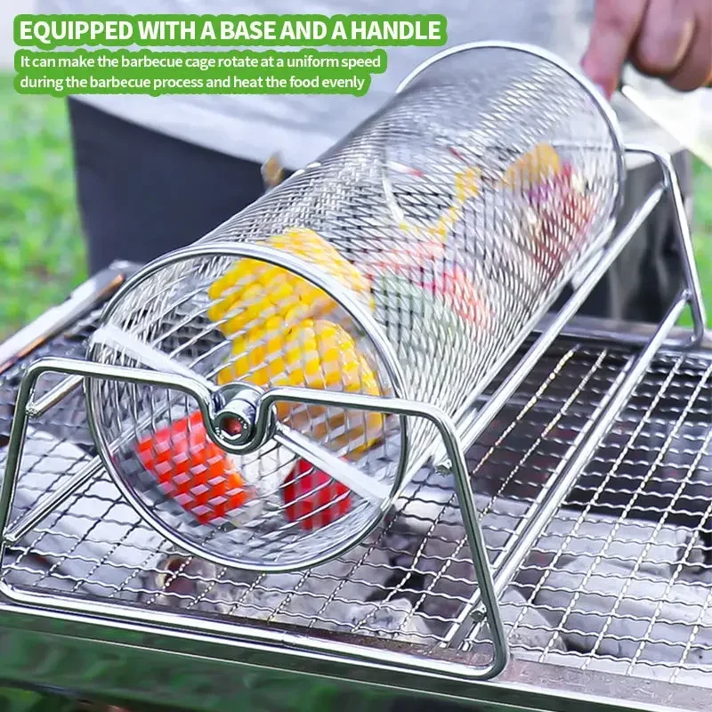 BBQ Grill Basket Stainless Steel Rolling Vegetable Grill Basket Removable Wooden Handle Round Bbq Cage Portable Bbq Accessories Outdoor Grill Sausage Meat Set Of 2