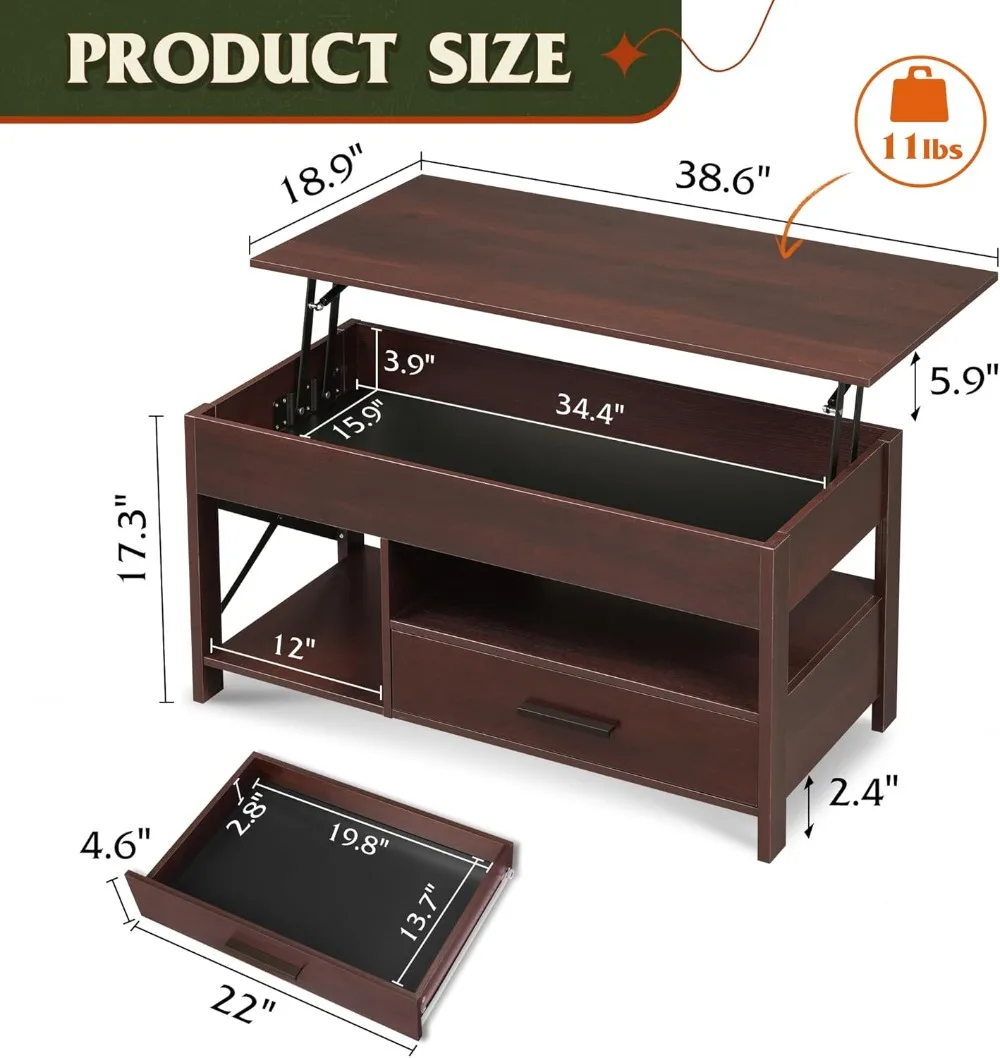 Coffee Table,Lift Top Coffee Table with Hidden Compartment, Storage Drawers and Storage Shelf for livingroom 3