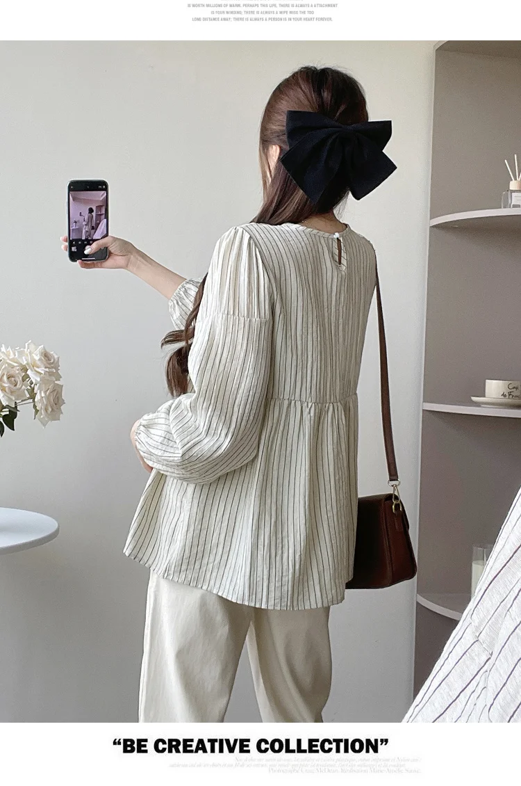 Korean Style Pregnant Women's Striped Shirts Long Sleeved Pleated High Waist Maternity Blouses with Bowknots Pregnancy Loose Top
