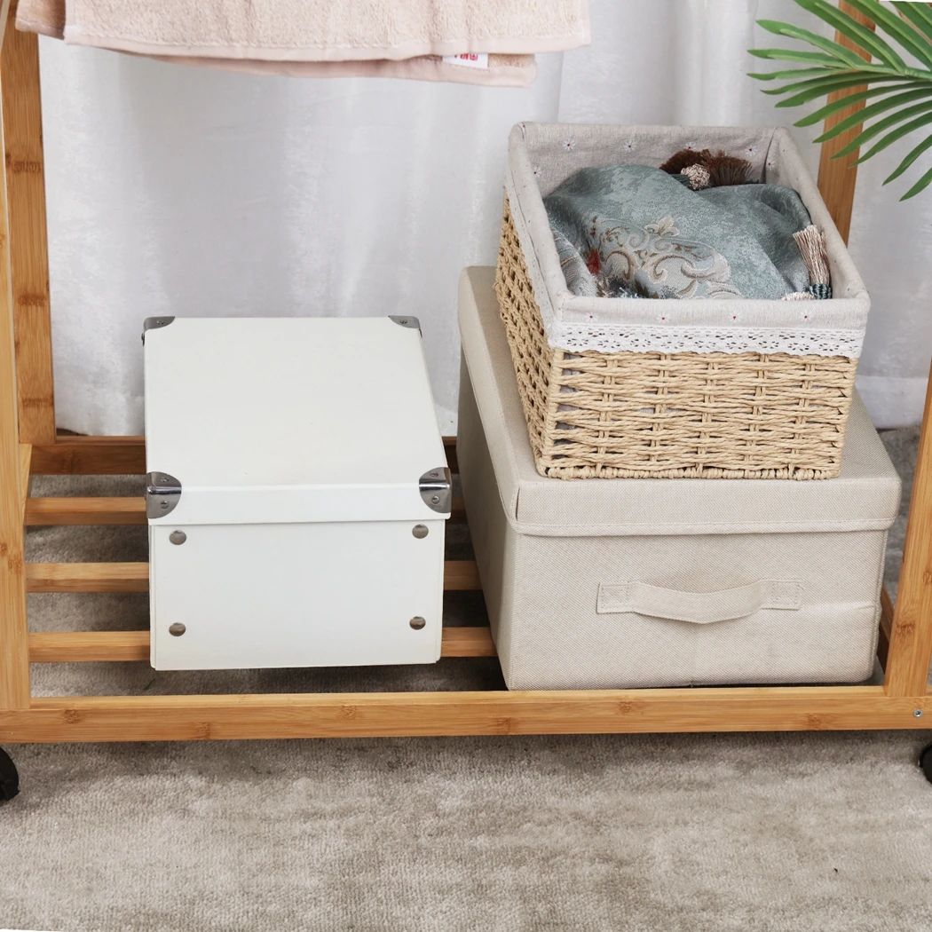 Rolling Clothes Hanging Rack with Double-Rod Wooden Garment Stand with Wheels - 3