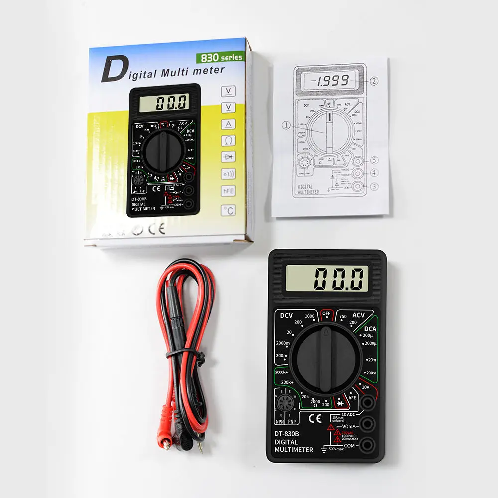 AC/DC 전류계 전압계 저항계 전기 테스터 미터 저가 배터리 구동 디지털 멀티미터 DT-830B (테스트 리드 포함)