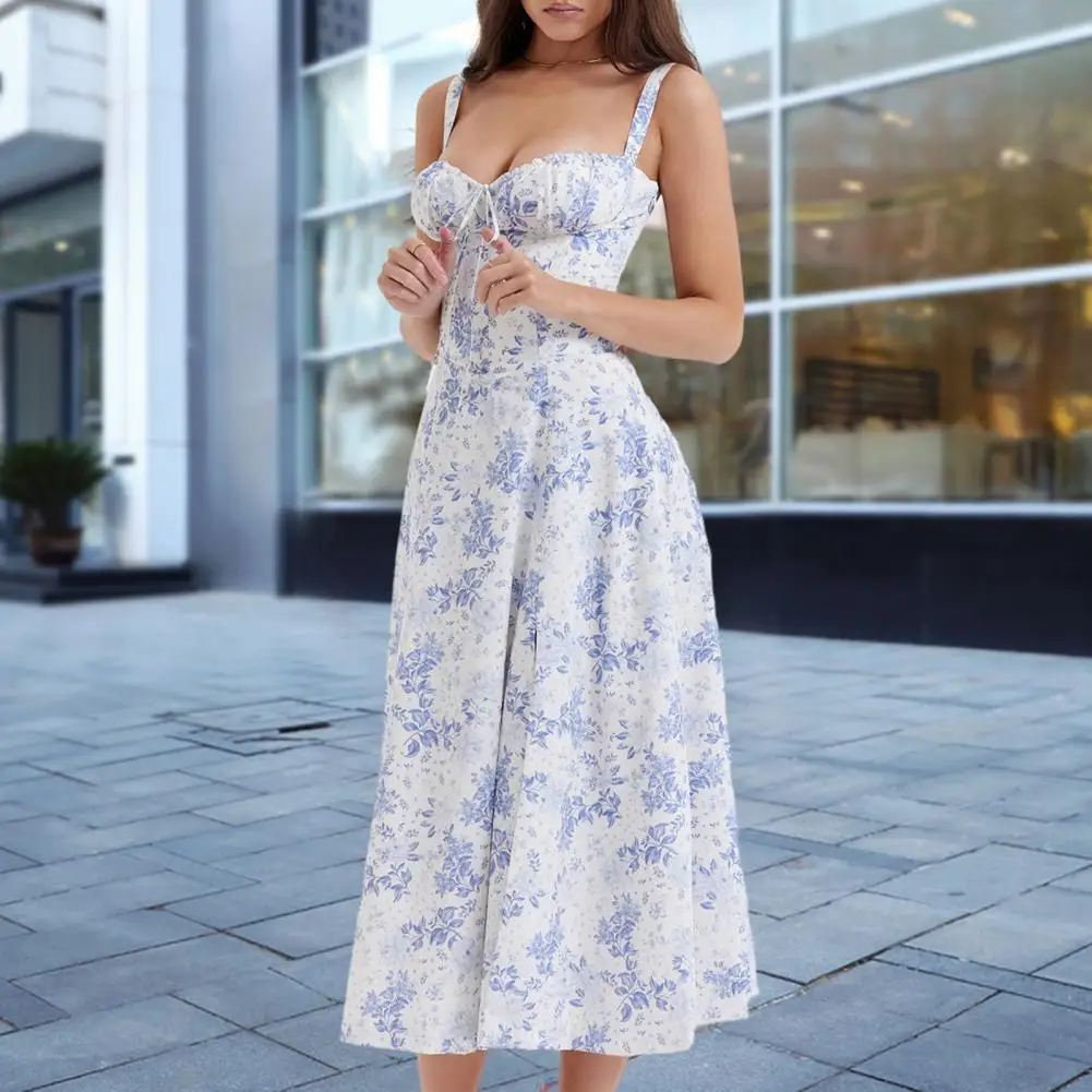 

Женское элегантное платье на шнуровке, облегающее платье-бандо без рукавов с цветочным принтом, дизайнерское платье-корсет средней длины с Боковым Разрезом и подолом