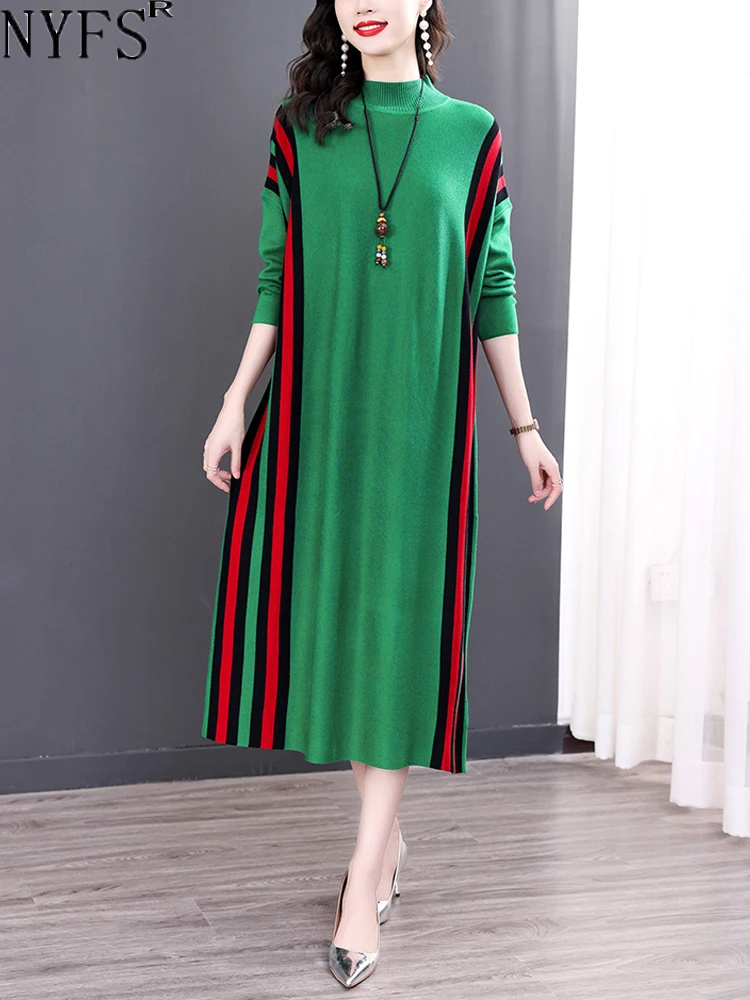 

NYFS 2023 Autumn Winter New Sweater Dress Vestidos Robe Elbise Loose Plus Size Fashion striped Long Sleeve Long knit Women Dress