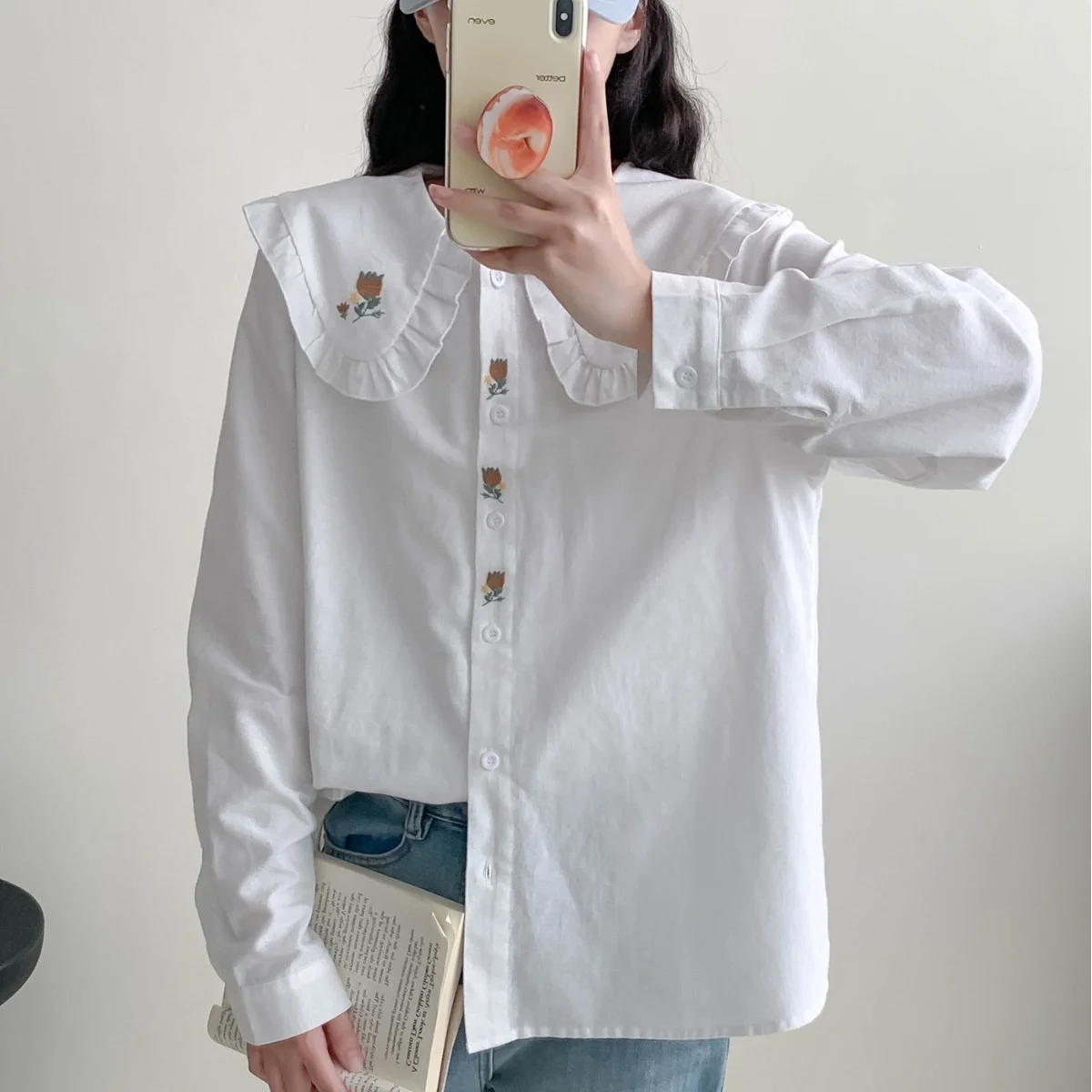 

White shirts and blouses women's elegant blouse mori girls Japan preppy style long sleeve tulip embroidery backing shirt