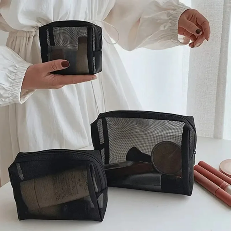 1pcs Transparent Mesh Zipper Cosmetic Bag Women Necessary Organizer Fashion Small Large Black Toiletry Bags Makeup Pouch Case 5