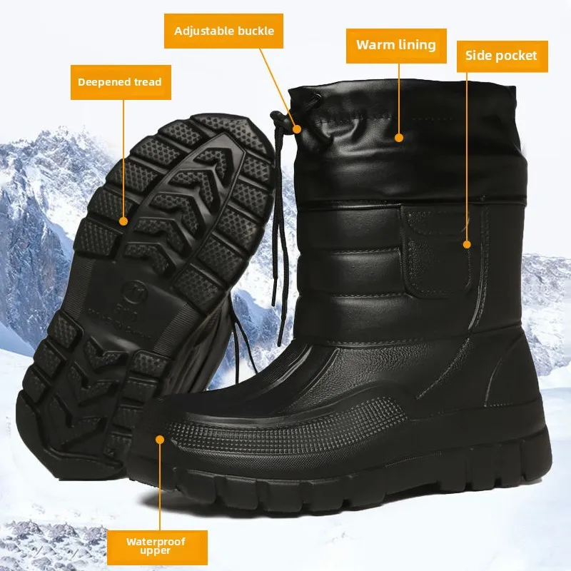 Thiened Fce Lined Mid-Calf Snow Boots Men's Outdoor Fiing oes Waterproof Winter Boots Large Size Sea Fiing oes