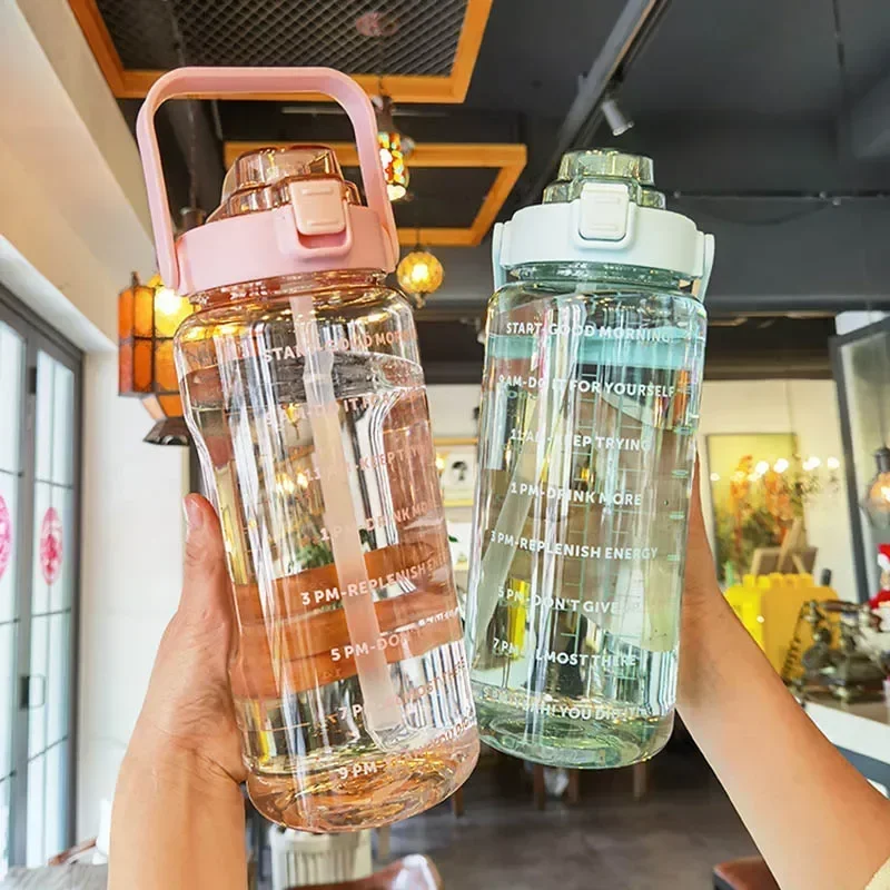 Universal Plastic Kettle 2 Liters Large Portable Travel Water Bottle with Straw Sports Fitness Cup High Value Big Fat Cup Adult