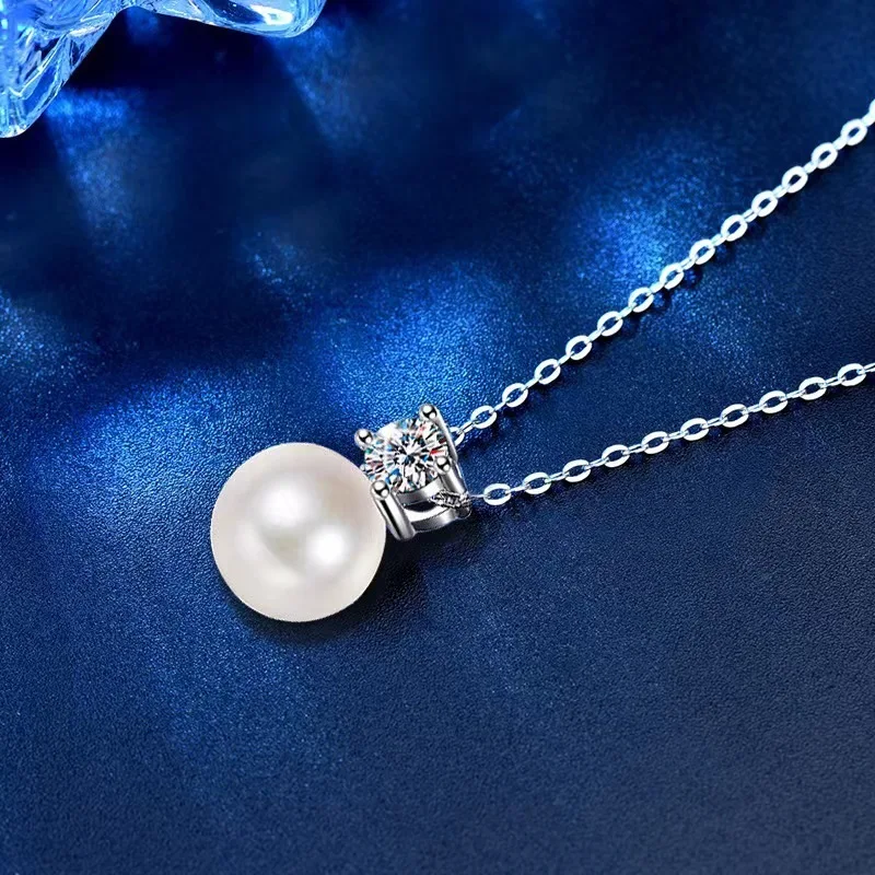 925 Sterling Silver 0.5 Carat Moissanite Pearl Necklace Clavicle Chain For Ladies pendant necklace silver necklace moissanite necklace