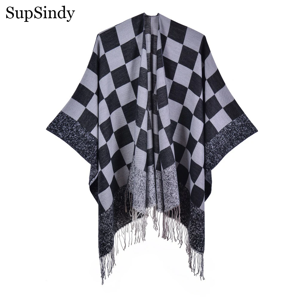 

SupSindy 2022 Winter Women Plaid Scarf With Tassels Blanket Cape Thick Warm Stole Cashmere Shawl Wrap Soft Pashmina Cloak Female