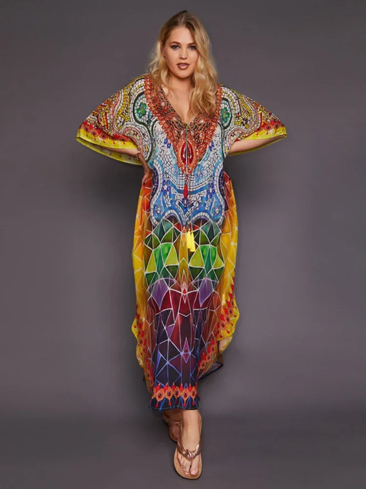 Bohemian Printed Women Plus Size vacation kaftan Summer Beach Maxi Dress Beachwear SwimSuit Cover Up swimsuit cover beach cover