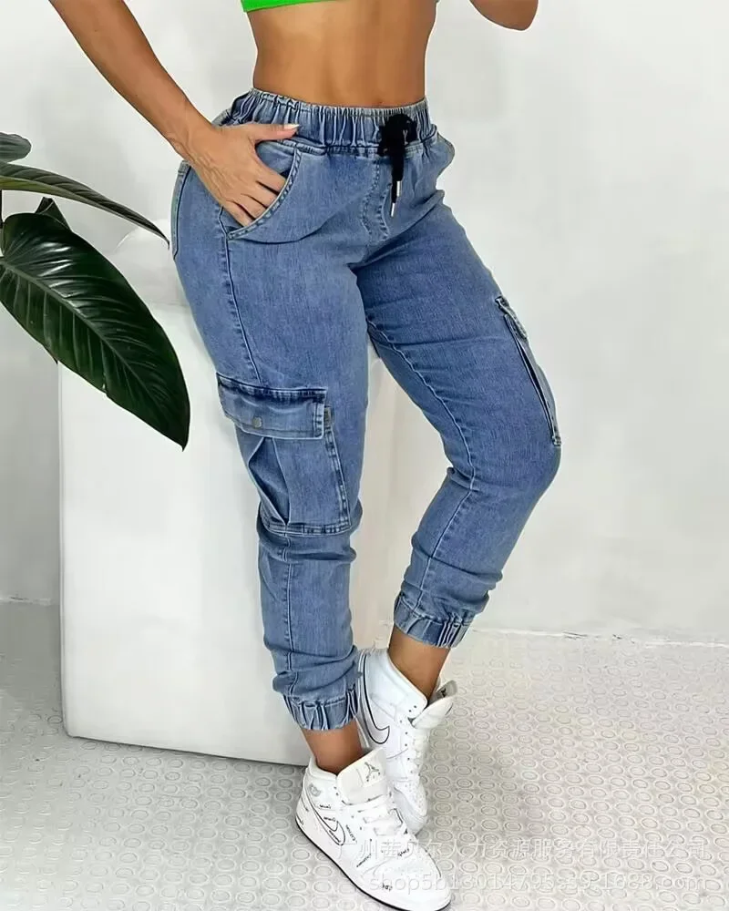 

2023 Women's Pants Elastic Waistband Drawstring Ankle Pocket Stitching Slim Fitting Jeans for Women