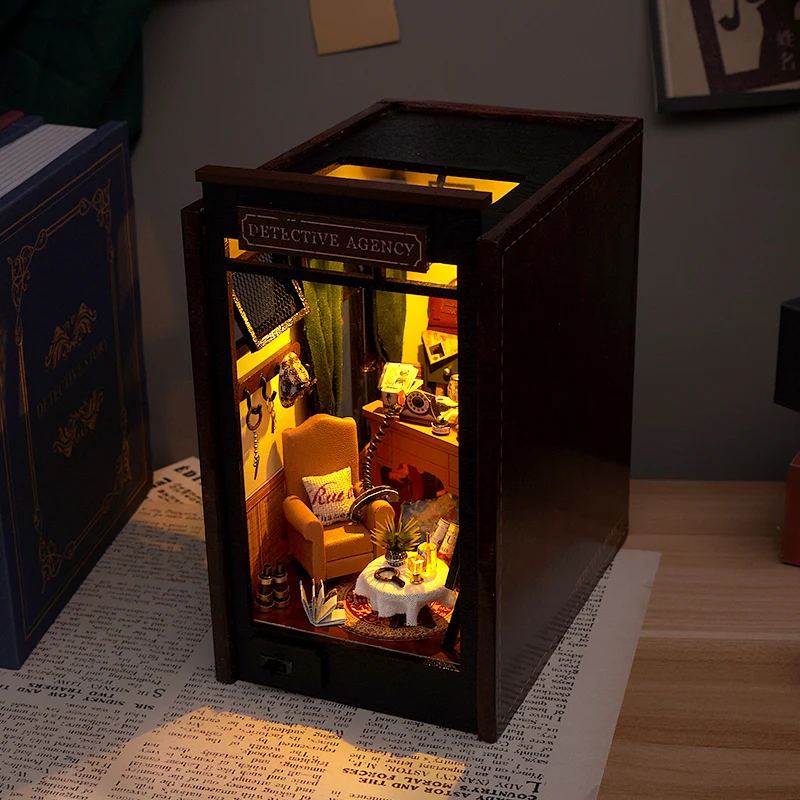 DIY Book Nook Wooden Miniature Model Kit Detective Agency Casa Bookend With Light 3D Puzzle Bookshelf Home Decor Friends Gifts 5