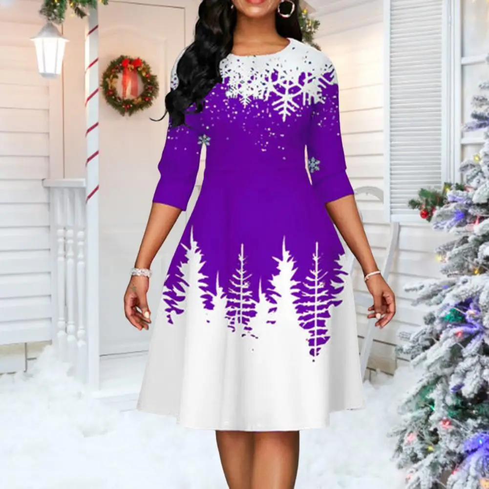 

Christmas Dress O-Neck 3/4 Sleeves Waist Tight High-Waist Xmas Dress Xmas Tree Snowflake Print Large Hem A-Line Midi Dress