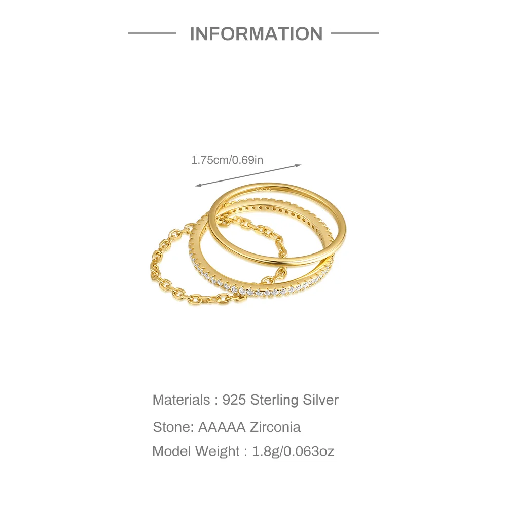 CANNER 3PCS Minimalism 925 Sterling Silver Smooth Rings For Women Ins Chain Sophisticated Rings Fine Jewelry Party Gift 2