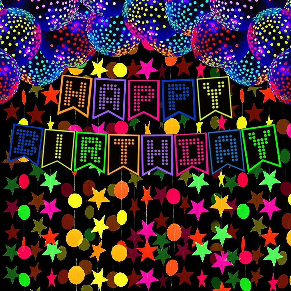 

Neon Party Decoration Happy Birthday Banner Glowing Garlands Luminous Fluorescent Latex Balloons Glow in the Dark Party Supplies
