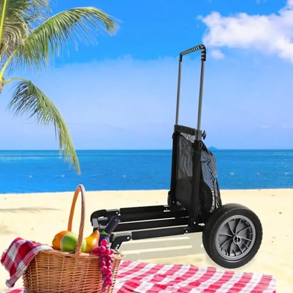 Aluminum Beach Cart with 12" Airless Wheels Telescopic Handle Zippered Cargo Bag Foldable & Rust-Proof Fishing Trolley Camping