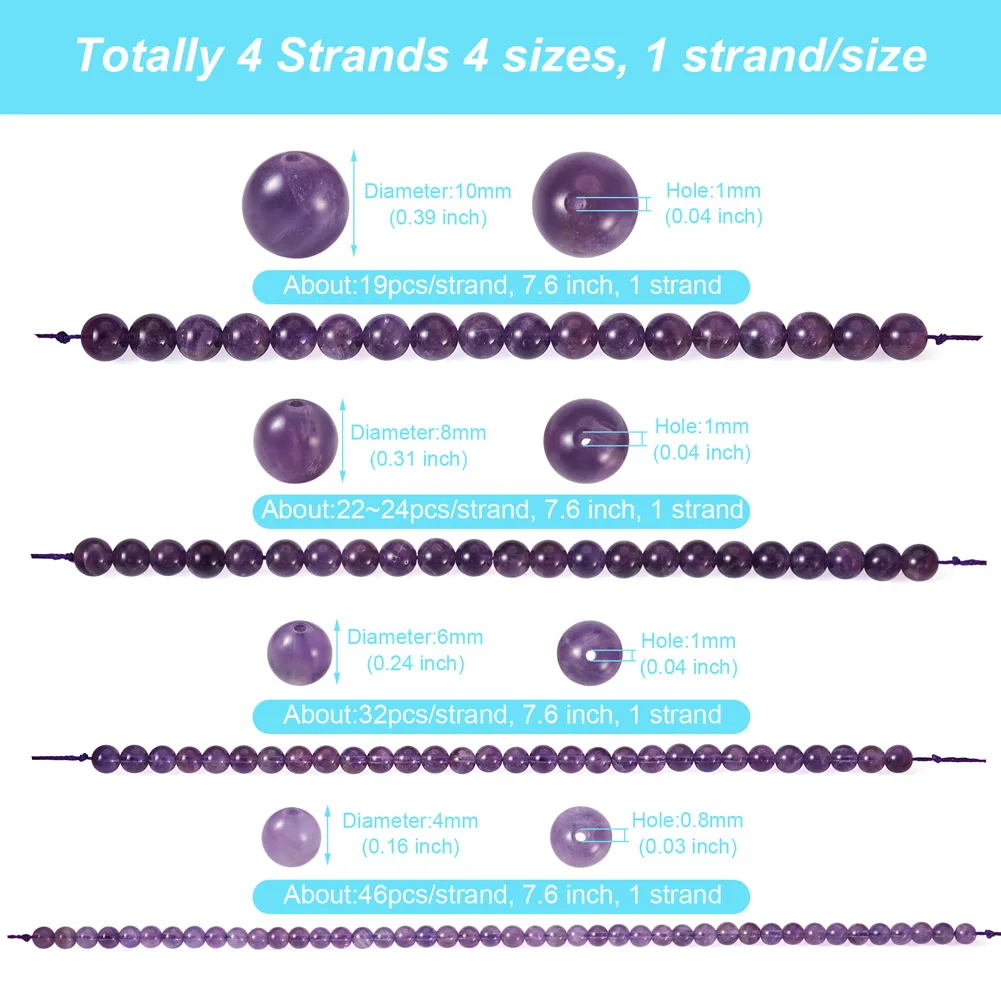 4 Strands Natural Amethyst Purple Beads Crystal Round Loose Spacer Beads For Jewelry Making Bracelet Necklace Supplies 4~10mm