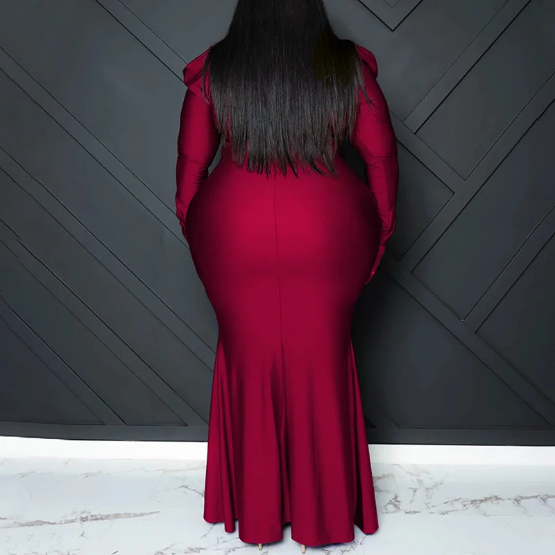 Nightclub Fashion Solid Color V-Neck Folds Higt Waist Zipper Robe Femme Autumn Sexy Plus Size Bag Hip Long Sleeve Princess Dress