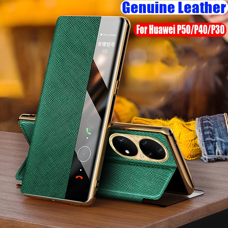 

Twill Genuine Leather Flip Cover TPU Case for HUAWEI P50 P40 P30 Pro Mate 50 40 30 Magic 3 4 Pro Smart View Wake Sleep Call ID