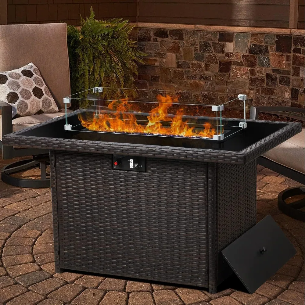 Rectangular Propane Fire Pit Table 55000 BTU with Glass Wind Guard for Outdoor Patio Deck Garden Backyard