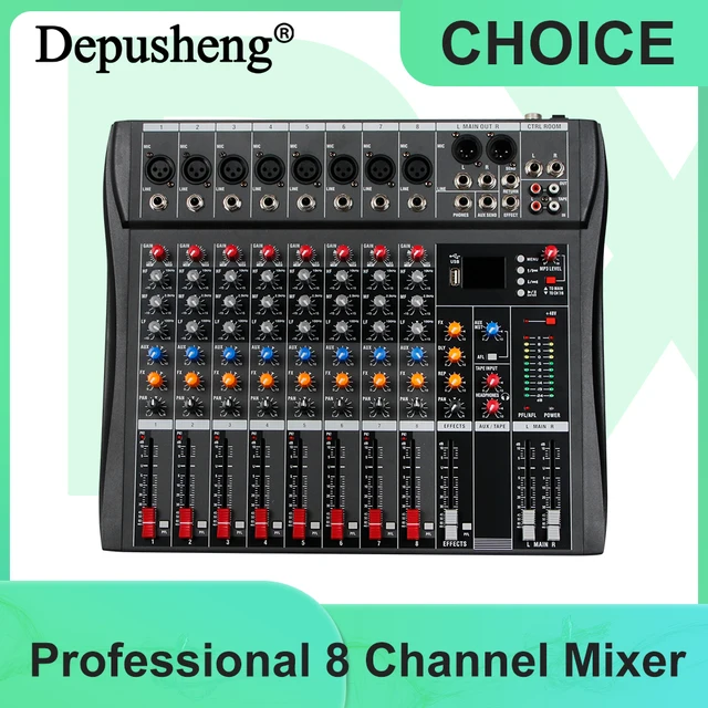 Professional Audio Mixer Depusheng DX8 8Channel Sound Board Console with Bluetooth USB PC Recording Input 48V POWER
