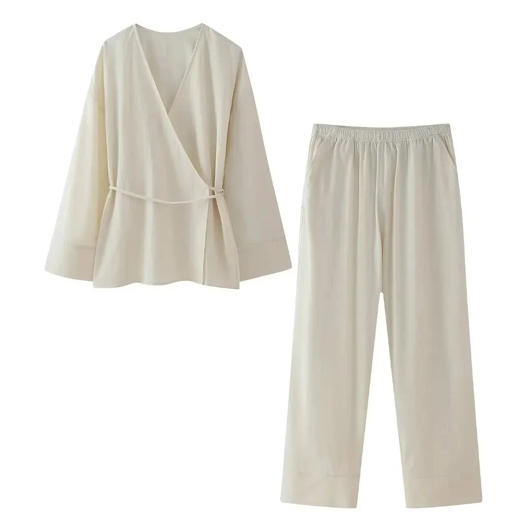 

Женская пижама из двух предметов, свободная рубашка со шнуровкой и широкие брюки с эластичным поясом и карманами, одежда для сна, повседневный костюм