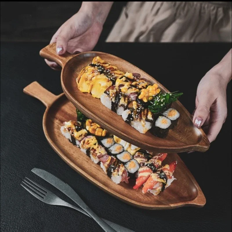 Wooden Leaf Shaped Tray Afternoon Tea Tray Western Sushi Dessert Fruit Meal Food Wooden Waterproof Kitchen Tray Storage Tray Wooden Serving Tray Bamboo Organizer Tray Drink Tray