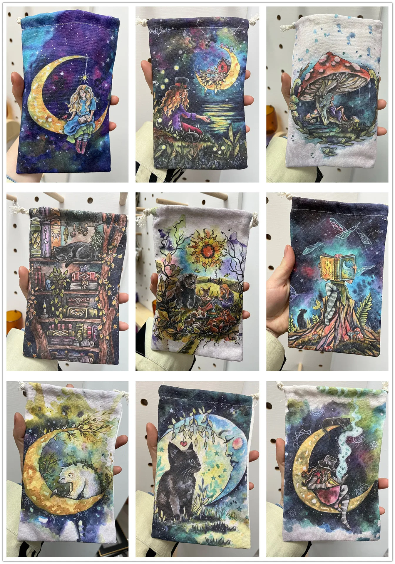 

14x22cm Beautiful Pattern Tarot Card Storage Bag Black Cat Witch Divination Accessories Drawstring Package Tarot Cards Supplies