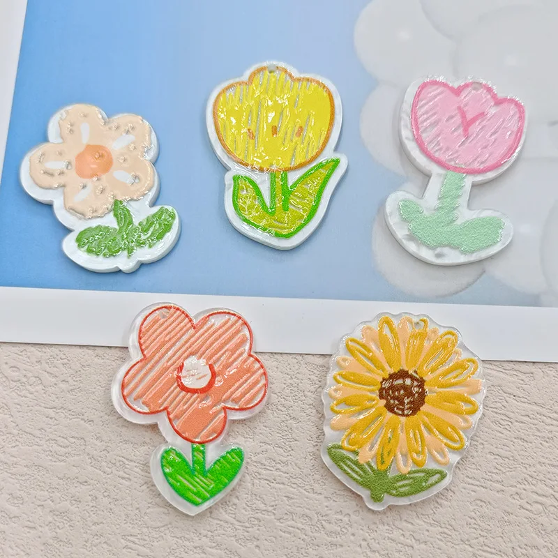 

New arrived 50pcs/lot Relief effect pattern print cartoon flowers shape acrylic florals beads diy jewelry earring accessory