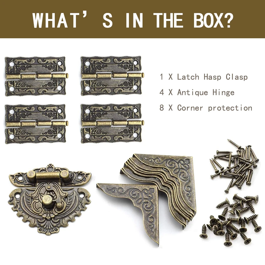 Retro Bronze Alloy Carved Tower Latch Lock and Engraved Pattern Hinge for Decorative Cabinet Small Wooden Jewelry Box Project cabinet door hinges furniture hinge cabinet hinges wooden box hinge brass hinges bronze butterfly hinges